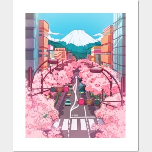 The Japanese Mount Fuji view and the pink spring in the city Posters and Art